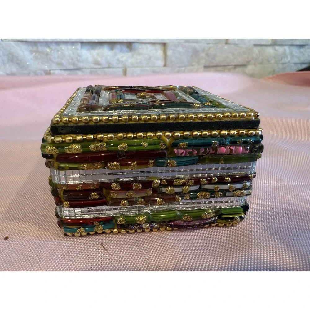 Stone Beaded Mirrored Trinket Box with Lid Vintage Made in India